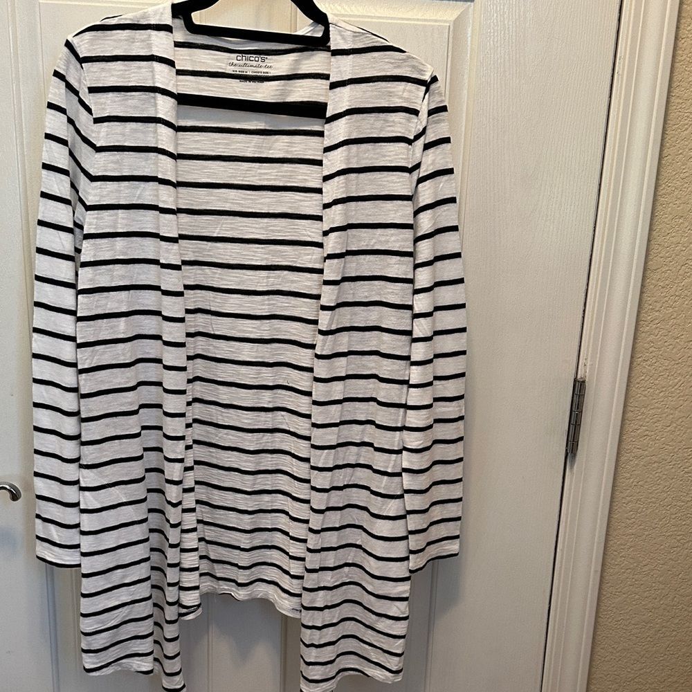 Chico's Classic Black & White Striped Long line Cardigan Cotton Modal Blend Med